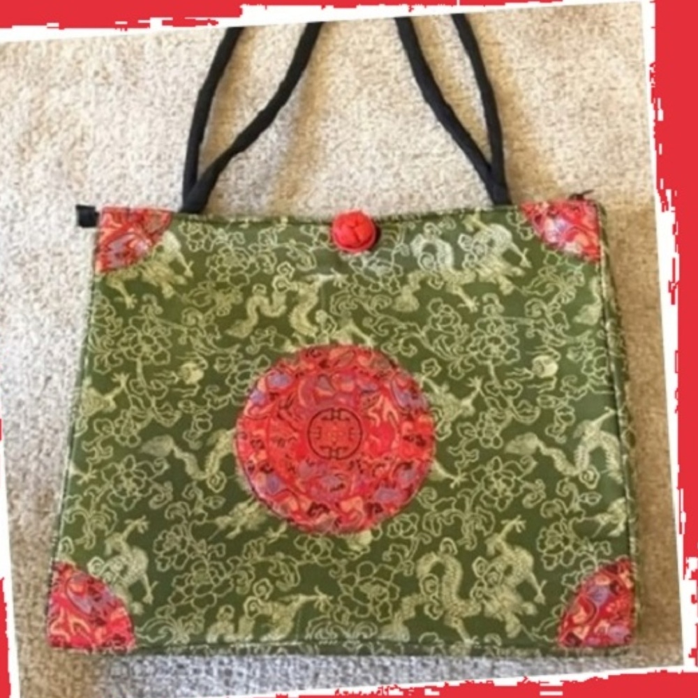 Green Red Asian Fabric Tote from China NWOT